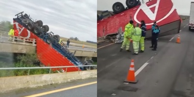 Un camión quedó colgado de un puente en Ruta 2 luego de volcar